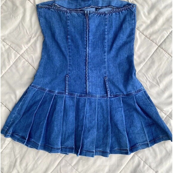 Y2K Denim Tube Dress M Pleated Skirt Lace-Up Front Drop Waist Skater 2000s USA - Picture 8 of 16